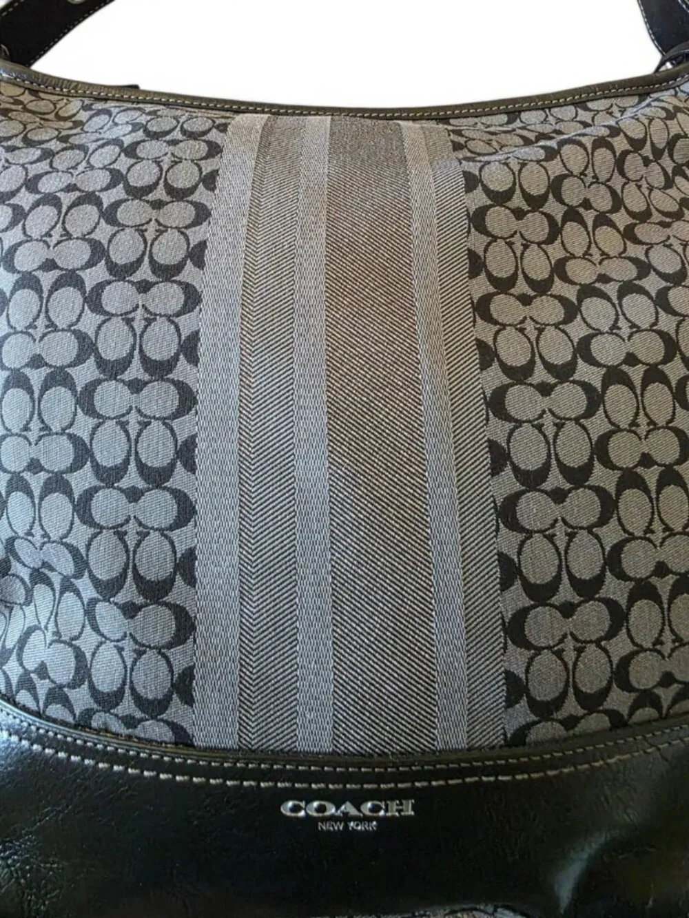 Coach Legacy 19918 Black Gray Signature Stripe Jacquard Duffle Shoulder Bag